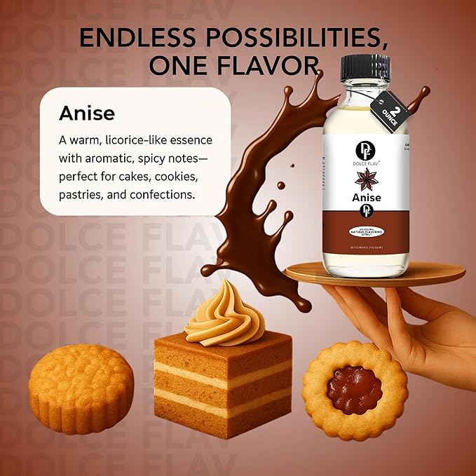 Dolce Flav Natural Anise Extract – 8 Ounce Oil-Soluble Kosher, Sugar-Free, Concentrated Licorice Anise Flavoring for Baking, Cookies & Liqueurs, Includes Measured Dropper