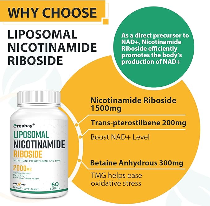 Orgabay Liposomal Nicotinamide Riboside 2000 MG with TMG and Pterostilbene, Boosting NAD+, Support Healthy Aging, 120 Count