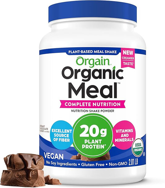 Orgain Organic Vegan Meal Replacement Protein Powder, Creamy Chocolate Fudge - 20g Plant Based Protein, Gluten Free, Dairy Free, Lactose Free, Soy Free, No Sugar Added, For Smoothies & Shakes - 2.03lb