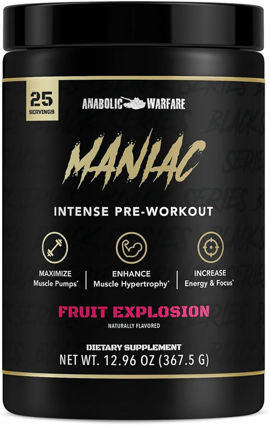 Anabolic Warfare Black Series Maniac, Pre-Workout Powder, Supports Nitric Oxide, Muscle Pumps, and Protein Synthesis* Fruit Explosion
