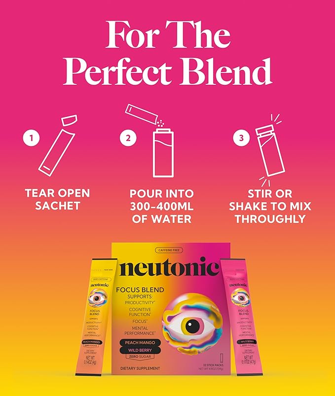 Neutonic Nootropic Focus Blend Powder | Peach Mango & Wild Berry 32 Sticks | Caffeine Free, Zero Sugar | Support Memory, Mental Clarity, Cognitive Function | Boost Focus, Energy, Brain Health