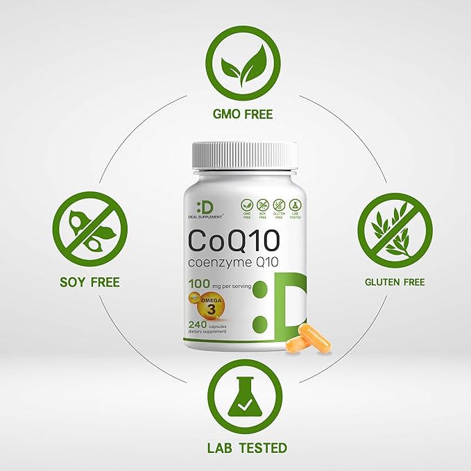 DEAL SUPPLEMENT CoQ10 100mg with Omega 3 100mg, 240 Capsules | Bioavailable Coenzyme Q10 Formula | Supports Heart, Energy & Brain Health | Antioxidant Support | Non-GMO