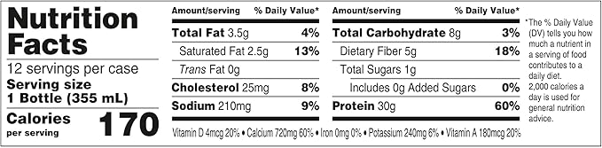 Oikos Protein Shake, Vanilla, 30g Protein, Shelf Stable Protein Drink with 5g Prebiotic Fiber, 12 fl oz Bottle, 12 Count