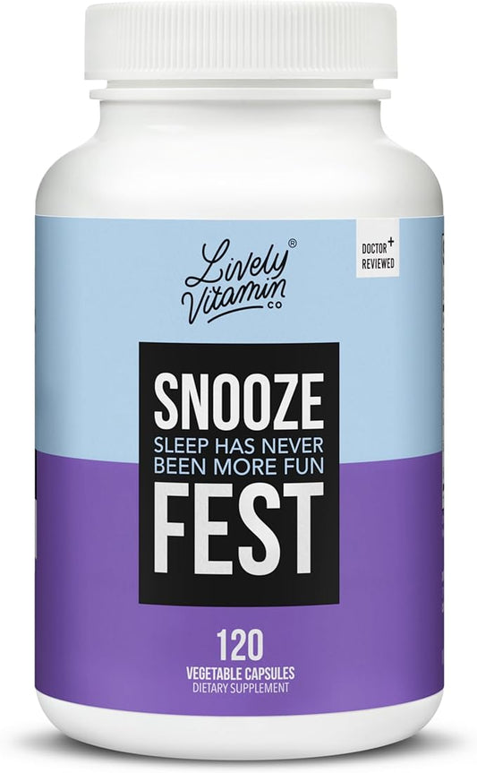 LIVELY VITAMIN CO Snooze Fest - Full REM Cycles - Balanced Sleep - Relax Body & Mind - Rest & Recovery - GABA - Chamomile - Melatonin - Tryptophan - Valerian Root - Lemon Balm - Poppy - 120 Count