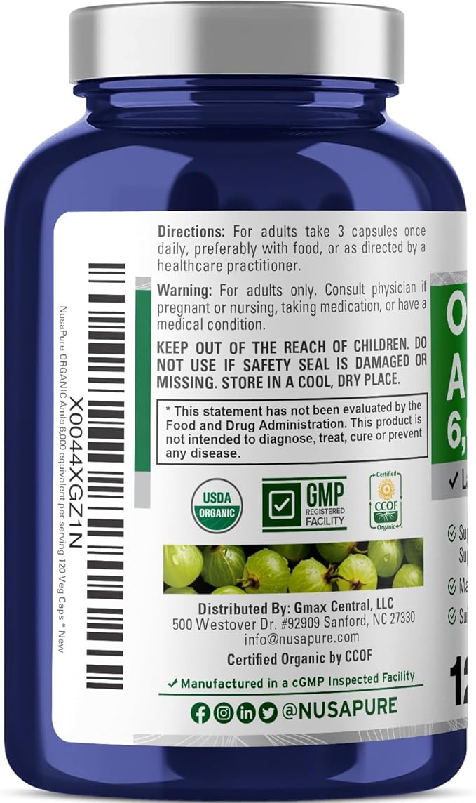 NusaPure Organic Amla Capsules 10:1 Extract, 600 mg Equivalent to 6,000mg | 120 Count | Amalaki Fruit | USDA, Vegan, Non-GMO Supplement