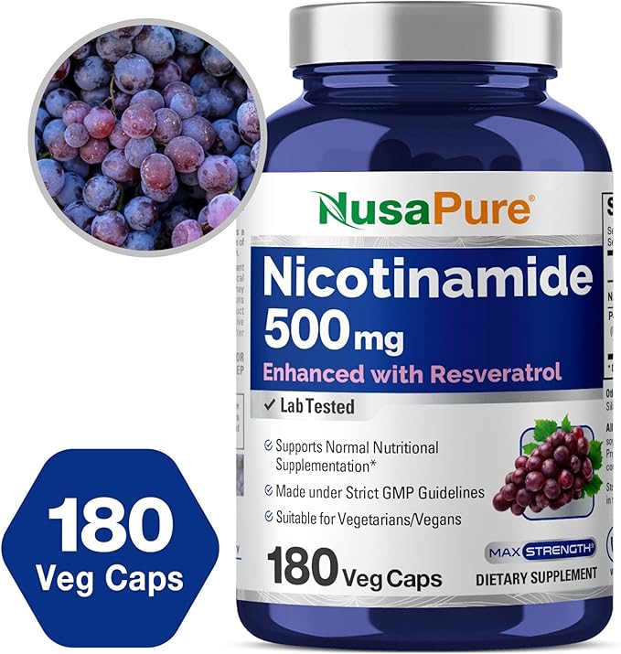 NusaPure Nicotinamide with Resveratrol (Vitamin B-3) 500 mg - 180 Vegetarian Caps (Non-GMO & Vegan)
