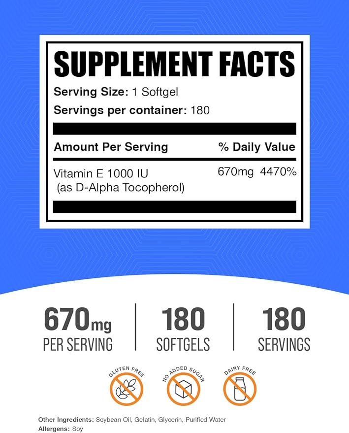 BulkSupplements.com Vitamin E 1000 IU Softgels - Vitamin E Supplement, Essential Antioxidant Support - Gluten Free, 1 Softgel per Serving, 180 Count (Pack of 1)