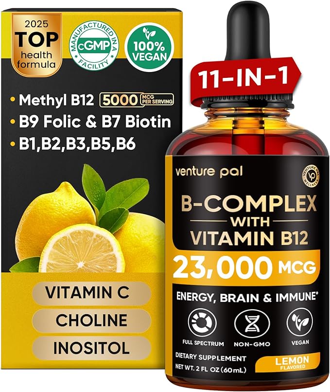 Venture Pal 11-in-1 Vitamin B Complex Liquid Drops, B12 Methylcobalamin | B9 Folic | B1,B2,B3,B5,B6,B7 - Vitamin C, Choline, Inositol, Immune & Energy Metabolism, Brain & Heart Support