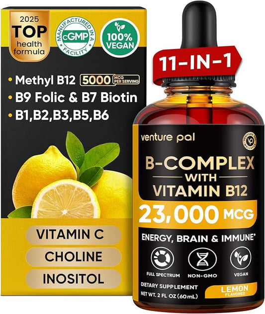 Venture Pal 11-in-1 Vitamin B Complex Liquid Drops, B12 Methylcobalamin | B9 Folic | B1,B2,B3,B5,B6,B7 - Vitamin C, Choline, Inositol, Immune & Energy Metabolism, Brain & Heart Support
