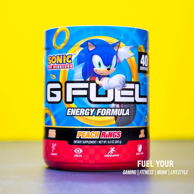 G Fuel Sonic Energy Drink Powder, Pre Workout Caffeine Mix for Gaming, Sugar Free Focus Amino, Vitamin + Antioxidants, 9.8oz (Peach Ring Candy, 40 Servings)