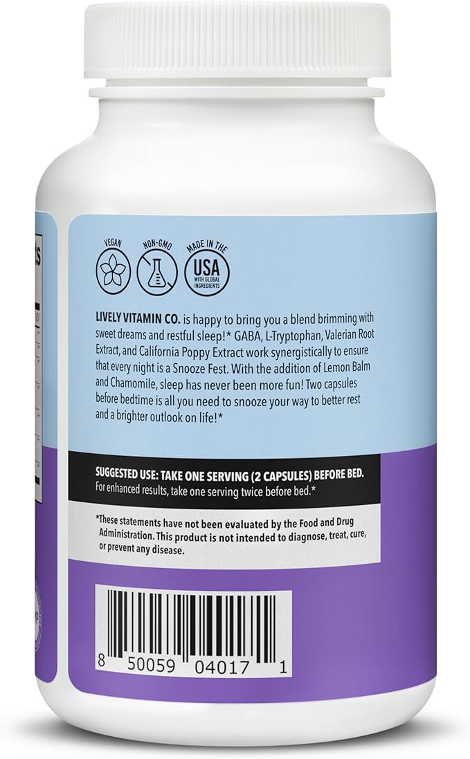 LIVELY VITAMIN CO Snooze Fest - Full REM Cycles - Balanced Sleep - Relax Body & Mind - Rest & Recovery - GABA - Chamomile - Melatonin - Tryptophan - Valerian Root - Lemon Balm - Poppy - 120 Count