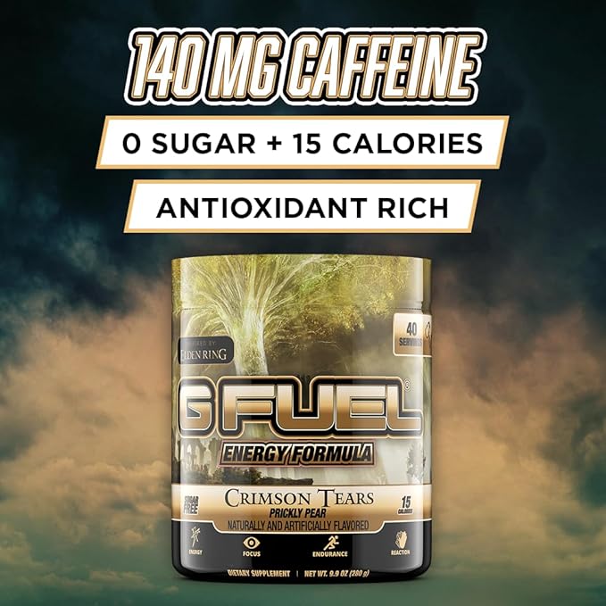 G Fuel Elden Ring Crimson Tears Energy Drink Powder, Pre Workout Caffeine Mix for Gaming, Sugar Free Focus Amino, Vitamin + Antioxidants, 9.9oz (Prickly Pear, 40 Servings)