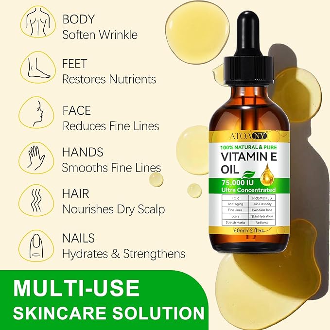 Vitamin E Oil Blend 75,000 IU, Vitamin E Oil for Skin, Scars, Face & Full Body, Tightening Plump Skin, Reduce Fine Lines & Scars, Moisturizing Skins, 2 Fl Oz