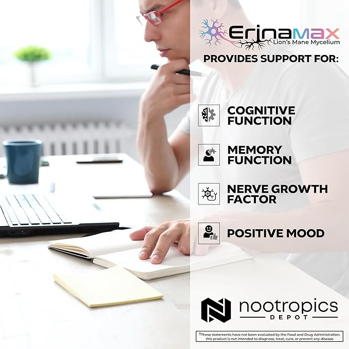 Nootropics Depot Erinamax Lion's Mane 500mg Capsules | Liquid Culture Mycelium | 2.5mg Erinacine A | Mood, Cognition, & Nerve Support | 60 Count
