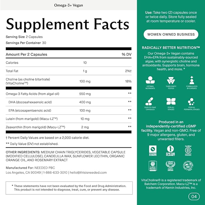Needed. Prenatal Omega-3 - High Potency Dose of Sustainably Sourced Fish Oil, Bergamot Flavor, 1000mg DHA, 1000mg EPA, Encased in a Gelatin-Free, Plant-Based Softgel Shell, 30-Day Supply