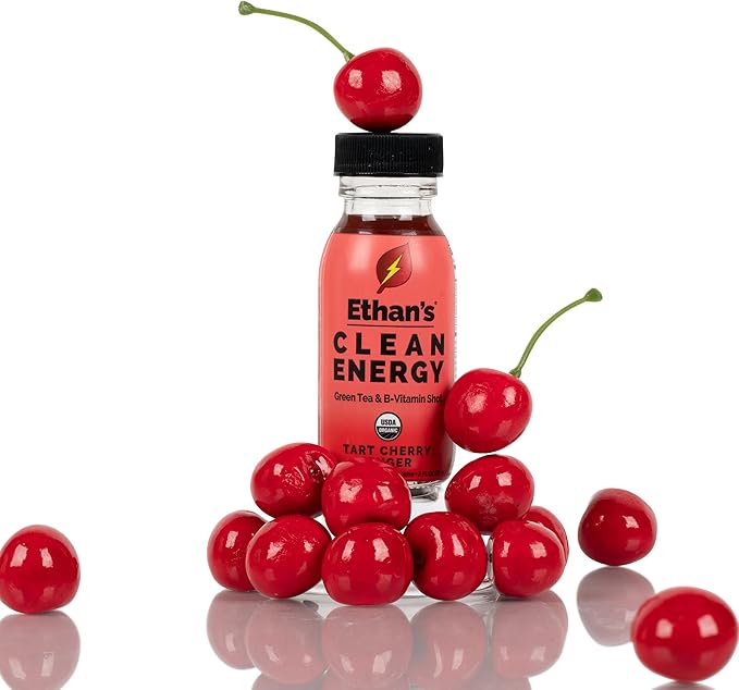 Ethan's Organic Clean Energy Shots Tart Cherry Ginger, Sugar Free Natural Pre-Workout Focus Boost, Gluten Free, Vegan, B6 & B12 Vitamin C with Green Tea Extract and Guayusa (12 Pack of 2oz Shots)