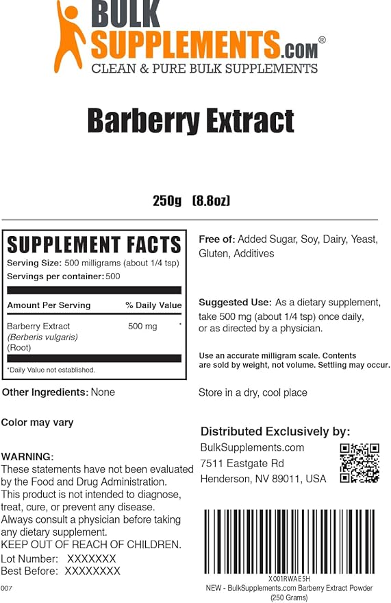 BulkSupplements.com Barberry Extract Powder - Barberry Sypplement, Herbal Supplement - Vegan & Gluten Free, 500mg per Serving, 250g (8.8 oz) (Pack of 1)