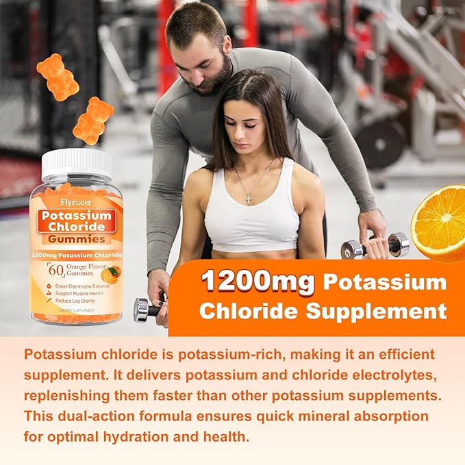 2 Pack Potassium Gummies, Potassium Chloride 1200mg for Adults, Sugar-Free Potassium Supplement Gummies Support Electrolyte Balance & Leg Cramps for Women & Men, Orange Flavor, Vegan, 120 Count