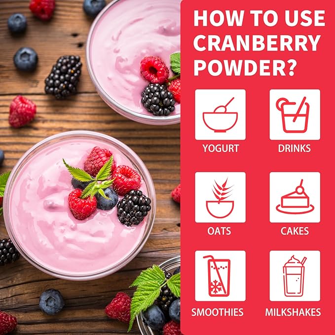 Cranberry Powder, 6.34OZ/180G Freeze Dried Cranberries Powder, Fruit Powder, No Sugar, No Additives, for Baking, Smoothies, Juices, Cocktails, Tea, Yogurt, Oatmeal
