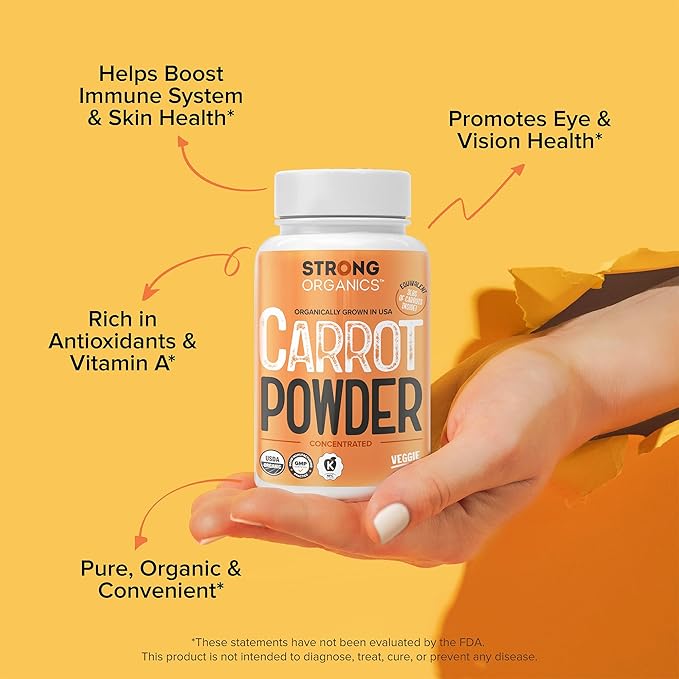 USDA Organic Carrot Powder Capsules (120), Grown in USA, Eye Support, Beta Carotene, Vitamin A, Carotenoids, Antioxidants,106°F Max, Vegan, Kosher-2 Months Supply