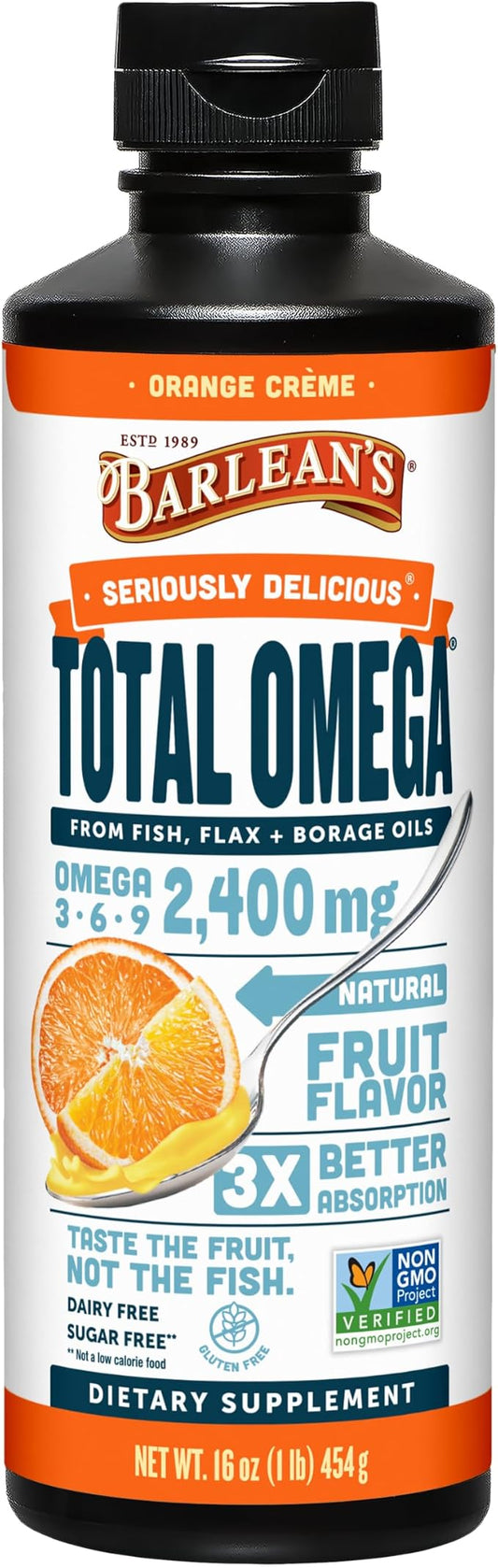 Barlean's Total Omega 3 6 9 Liquid Fish Oil Supplement with Borage and Flaxseed Oil, Orange Crème, 2,400 mg of EPA, DHA and GLA Fatty Acids, 16 oz