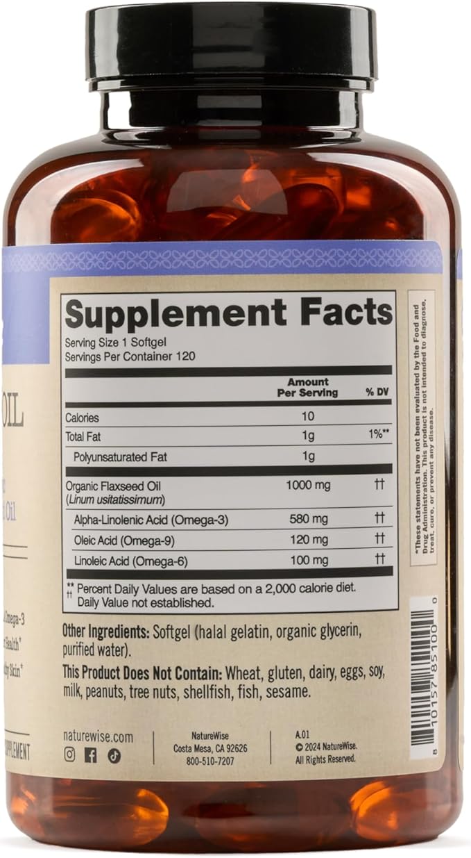 NatureWise Flaxseed Oil 1000 mg, Fish Free Omega 3 with 580 mg ALA, Dietary Supplement for Immune Health Support - Organic, Cold Pressed, Non-GMO - 120 Softgels[120-Day Supply]