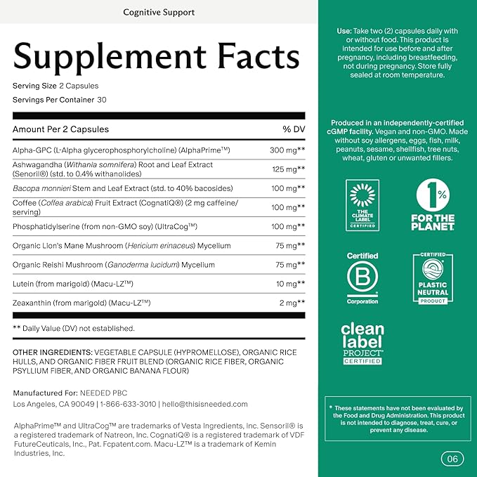 Needed. Cognitive Support - Comprehensive Supplement with Ashwagandha, Reishi & Lion's Mane Mushrooms, Breastfeeding Safe - Supports Focus, Attention, & Memory, 30-Day Supply