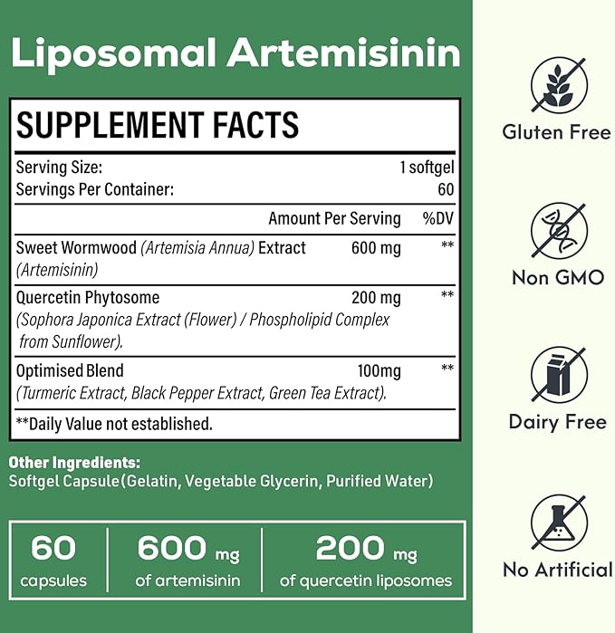 900 mg Liposomal Artemisinin for Maximum Absorption, Sweet Wormwood Extract(Artemisia Annua) with Quercetin Phytosome 200 mg, 60 Softgels - 2 Months Supply