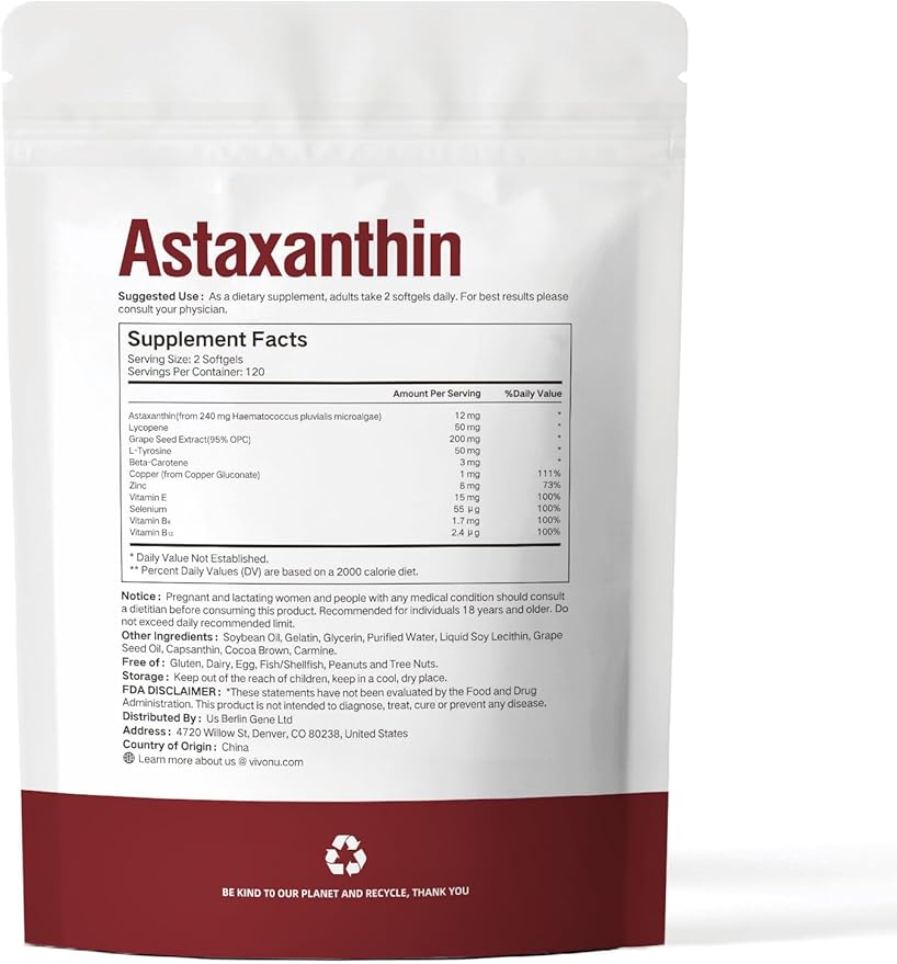 Astaxanthin 12mg, 720 Softgels, Fresh Haematococcus Pluvialis 10 in 1 Astaxanthin Antioxidant Supplements, Contains Lycopene, Grape Seed, Vitamin E, Supports Eye Joints Skin Health, 3Bag