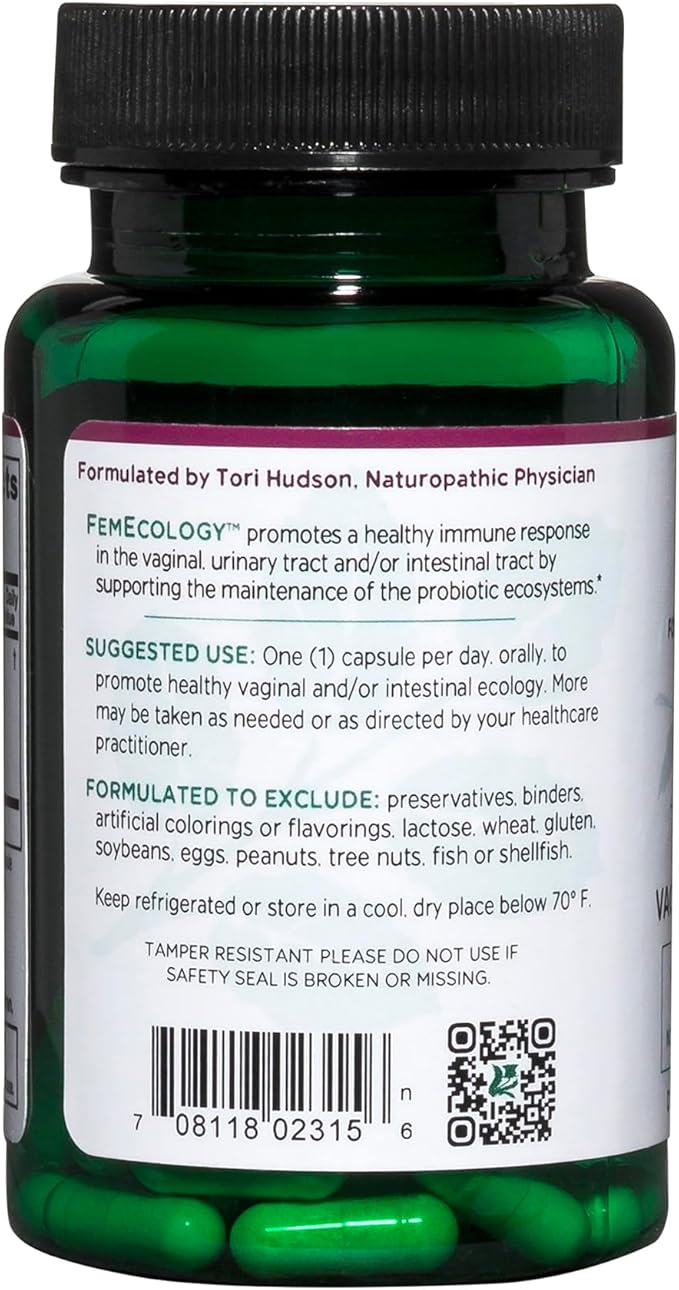 Vitanica FemEcology, Vaginal and Intestinal Probiotic Support, Vegetarian, 30 Capsules