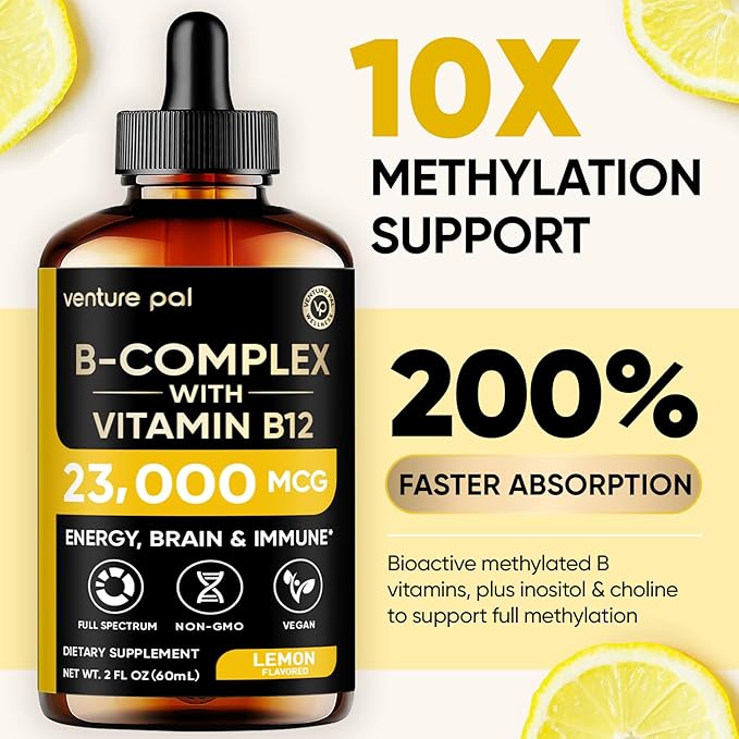 Venture Pal 11-in-1 Vitamin B Complex Liquid Drops, B12 Methylcobalamin | B9 Folic | B1,B2,B3,B5,B6,B7 - Vitamin C, Choline, Inositol, Immune & Energy Metabolism, Brain & Heart Support