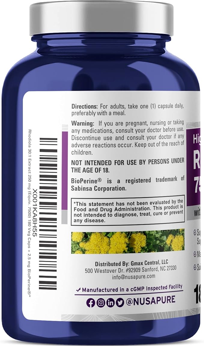 NusaPure Rhodiola Rosea 7,500mg 180 Veggie Capsules (Non-GMO, Extract 30:1, Vegan & Gluten-Free) Bioperine