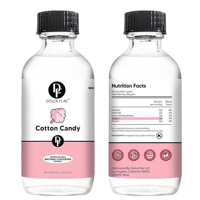 Dolce Flav Natural Cotton Candy Extract – 2 Ounce Water-Soluble Kosher, Sugar-Free, Concentrated Carnival-Style Flavoring for Baking, Frostings & Drinks, Includes Measured Dropper