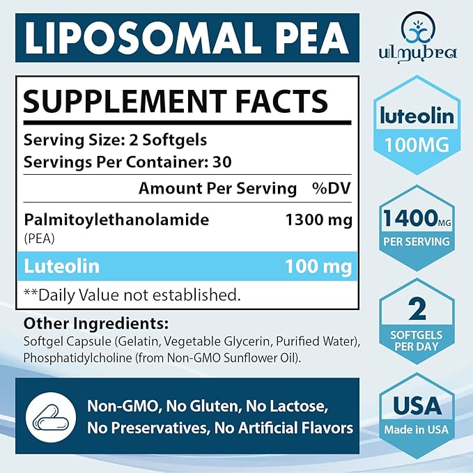 Liposomal Palmitoylethanolamide 1300 MG Plus Luteolin 100 MG, Superior Absorption, Micronized Pea Supplement for Discomfort Management, 60 Softgels