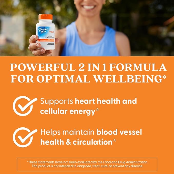 Doctor’s Best CoQ10 100 mg + Nattokinase 2,000FU, Supports Heart & Circulation Support, Non-GMO, Gluten Free, Vegan, 60 Veggie Caps