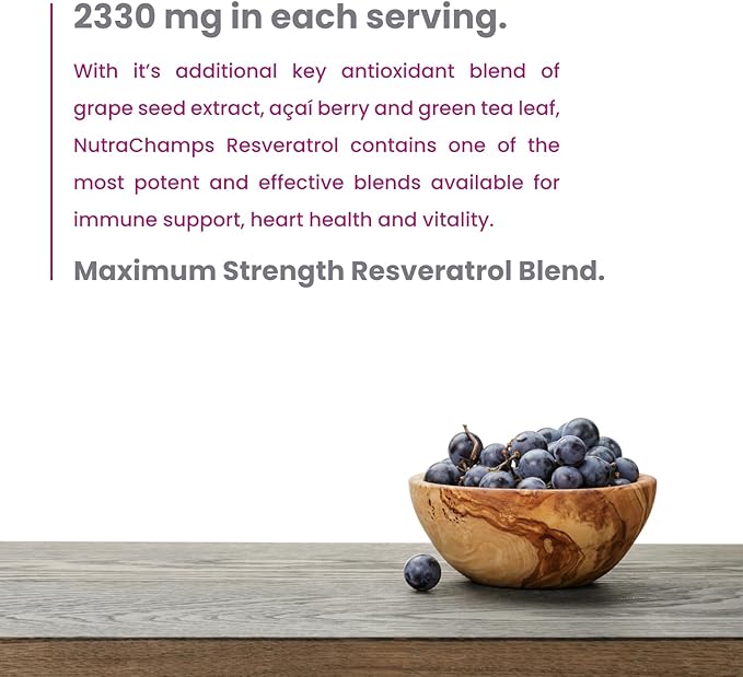 NutraChamps Resveratrol Supplement, Extra Strength Formula for Healthy Aging, Immune Support, 60 Vegan Capsules with Trans-Resveratrol, Green Tea Leaf, Acai Berry & Grape Seed Extract