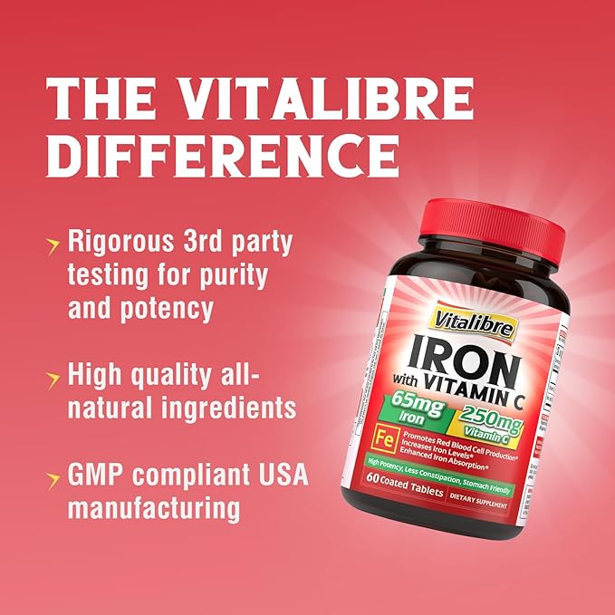 Iron Supplement 65mg with Vitamin C, Stomach Friendly Carbonyl Iron, High Absorption, Once Daily, Supports Red Blood Cell Production, Gluten Free, Non-GMO, 90 Tablets
