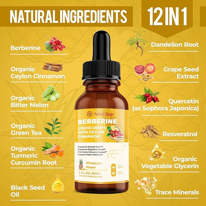Berberine Supplement with Ceylon Cinnamon, Berberine HCL Liquid Drops with Turmeric, Bitter Melon, Quercetin, 10X Strength AMPK for Digestion System, Immune Health Support -Vegetarian, 2 fl oz