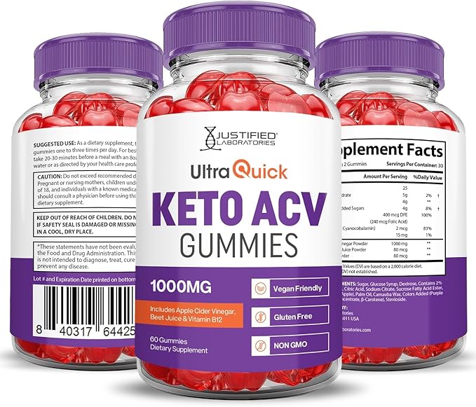 Justified Laboratories (2 Pack Ultra Quick Keto ACV Advanced Formula 1000MG Apple Cider Vinegar Formulated with Pomegranate Beet Juice Powder B12 Vegan Non GMO 120 Gummies