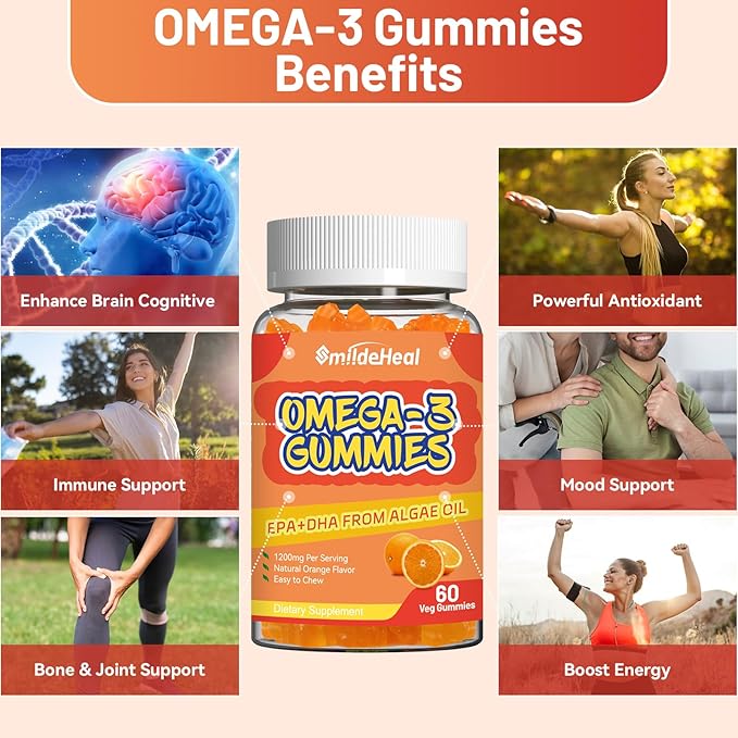 Omega 3 Gummies Supplement 1000mg, High Absorption DHA & EPA, Heart, Brain & Joint Support, Extra Strength Fish Oil Omega 3 Gummies Vitamins, 60 Count