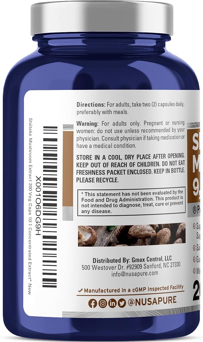 NusaPure Shiitake Mushroom 10:1 Extract, 900 mg Equivalent to 9000mg 200 Veggie Capsules (Non-GMO, Vegan)