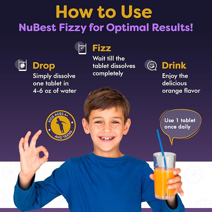 NuBest Tall Fizzy - Bone Strength, Immunity, Digestive Health for Kids Age 4+ & Teens | Probiotic, Calcium, Magnesium from Red Marine Algae, Vitamins | 10 Orange Effervescent Tablets | 2 Weeks Supply