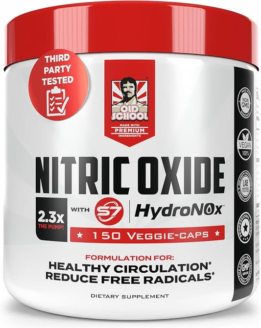 Old School Labs Nitric Oxide Pre-Workout Supplement with HydroNOx & S7 Blend - Muscle Pump & Vascularity Support for Men - 150 Veggie Capsules with Citrulline HCl for Enhanced Blood Flow & Recovery