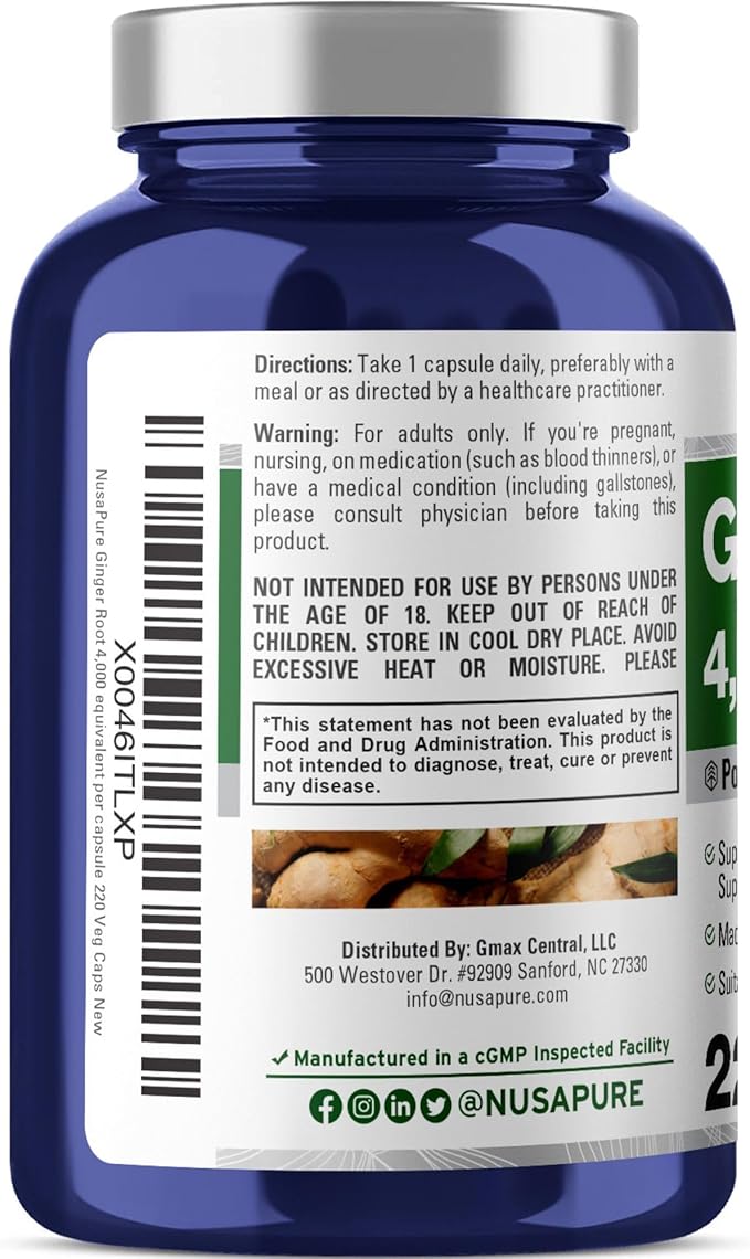 NusaPure Ginger Root Capsules 20:1 Extract, 200 mg Equivalent to 4,000mg per Veggie Caps | 220 Count | Non-GMO