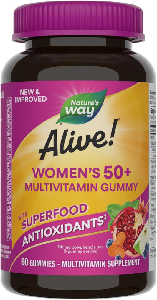 Nature's Way Alive! Women's 50+ Daily Gummy Multivitamins, Women's Supplements, Supports Healthy Heart, Brain & Bones,* B-Vitamins, Mixed Berry Flavored, 60 Gummies (Packaging May Vary)