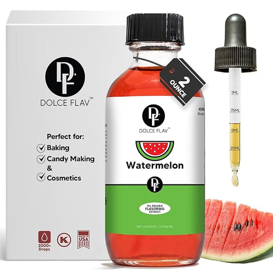 Dolce Flav Watermelon Extract – 2 Ounce Oil-Soluble Kosher, Sugar-Free, Concentrated Juicy Watermelon Flavoring for Baking, Chocolates & Desserts, Includes Measured Dropper