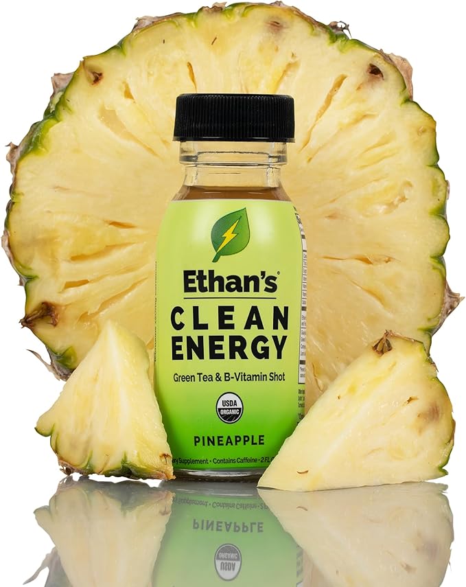 Ethan's Organic Clean Energy Shots Pineapple, Sugar Free Natural Pre-Workout Focus Boost, Gluten Free, Vegan, B6 & B12 Vitamin C with Green Tea Extract and Guayusa (12 Pack of 2oz Shots)