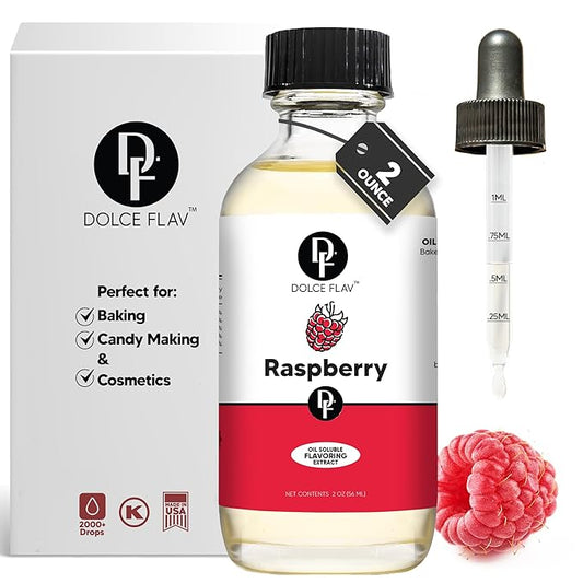 Dolce Flav Raspberry Extract – 2 Ounce Oil-Soluble Kosher, Sugar-Free, Concentrated Raspberry Flavoring for Chocolates, Candies & Baking, Includes Measured Dropper