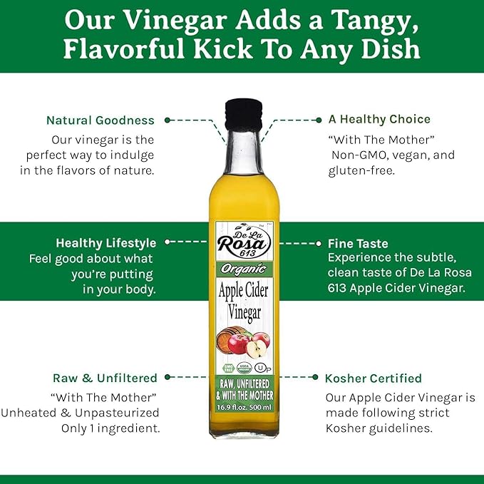 De La Rosa Organic Apple Cider Vinegar, Raw & Unfiltered with The Mother, Kosher for Passover, Vegan & Gluten-Free, Perfect for Salad Dressings & Marinades, 16.9 oz (Single Bottle)