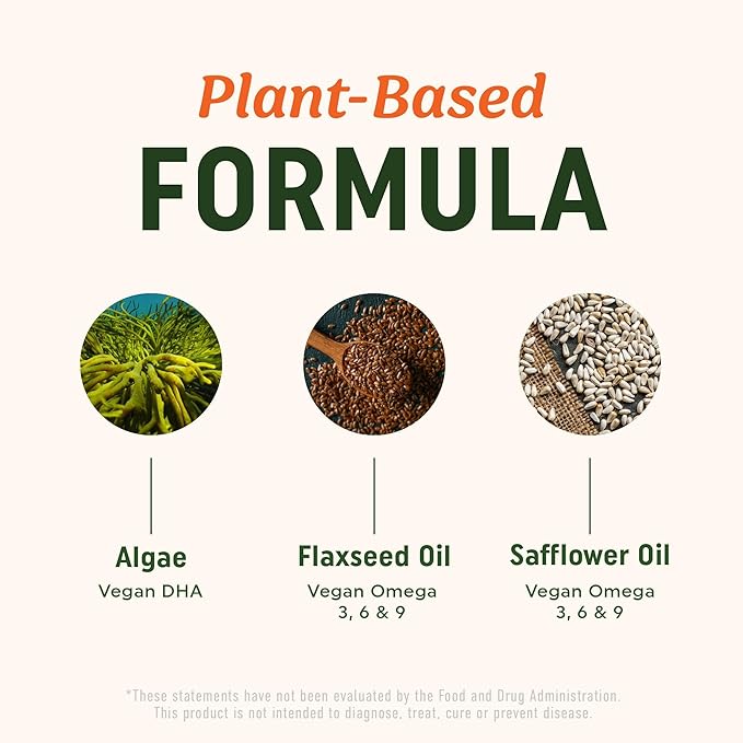 Omega 3 6 9 + DHA Gummies | Plant-Based Triple Omegas from Algae, Flaxseed & Safflower Oil | 50mg of DHA | Vegetarian, Non-GMO, Gluten-Free, Essential Fatty Acid Supplements for Adults | 60 Gummies